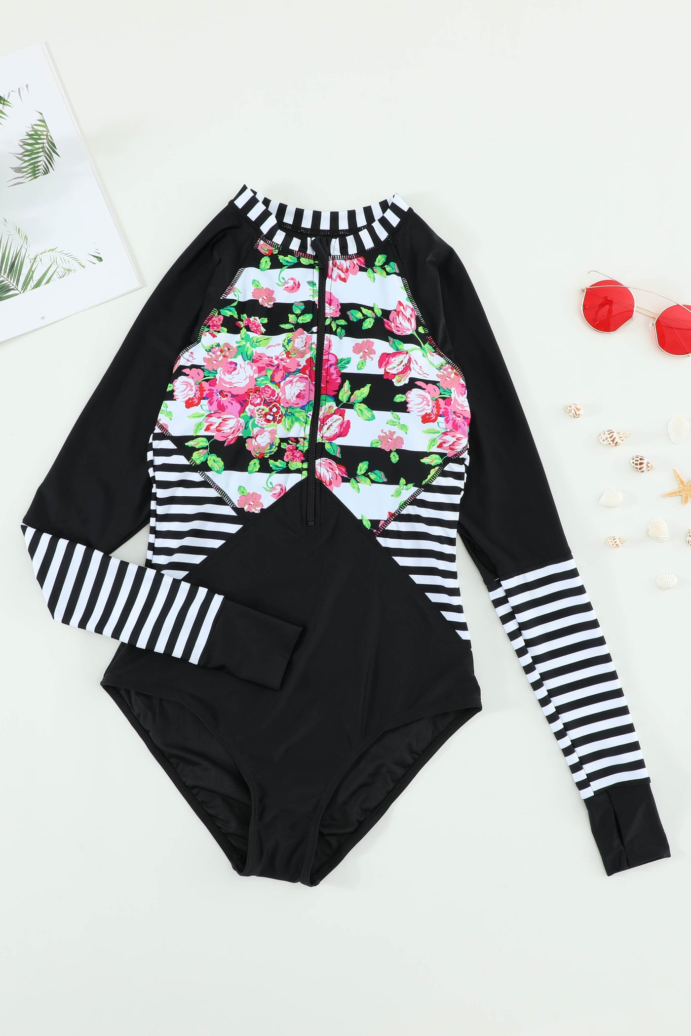 Floral Striped Patchwork Rashguard One Piece