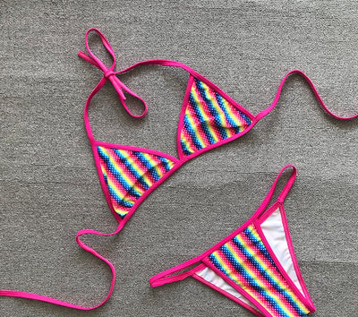 Rainbow Stripe Long Sleeve Three Piece Thong Bikini Set