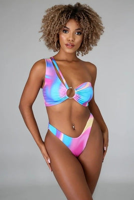 Colorful Pastel One Shoulder High Waisted Two Piece Swimsuit