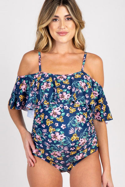 Maternity Blue Floral Ruffle One Piece Swimsuit