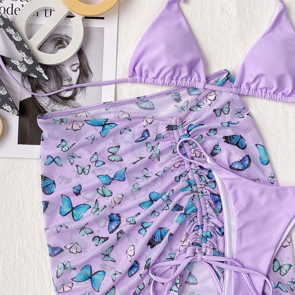 Lavender Butterfly Three Piece Bikini Set