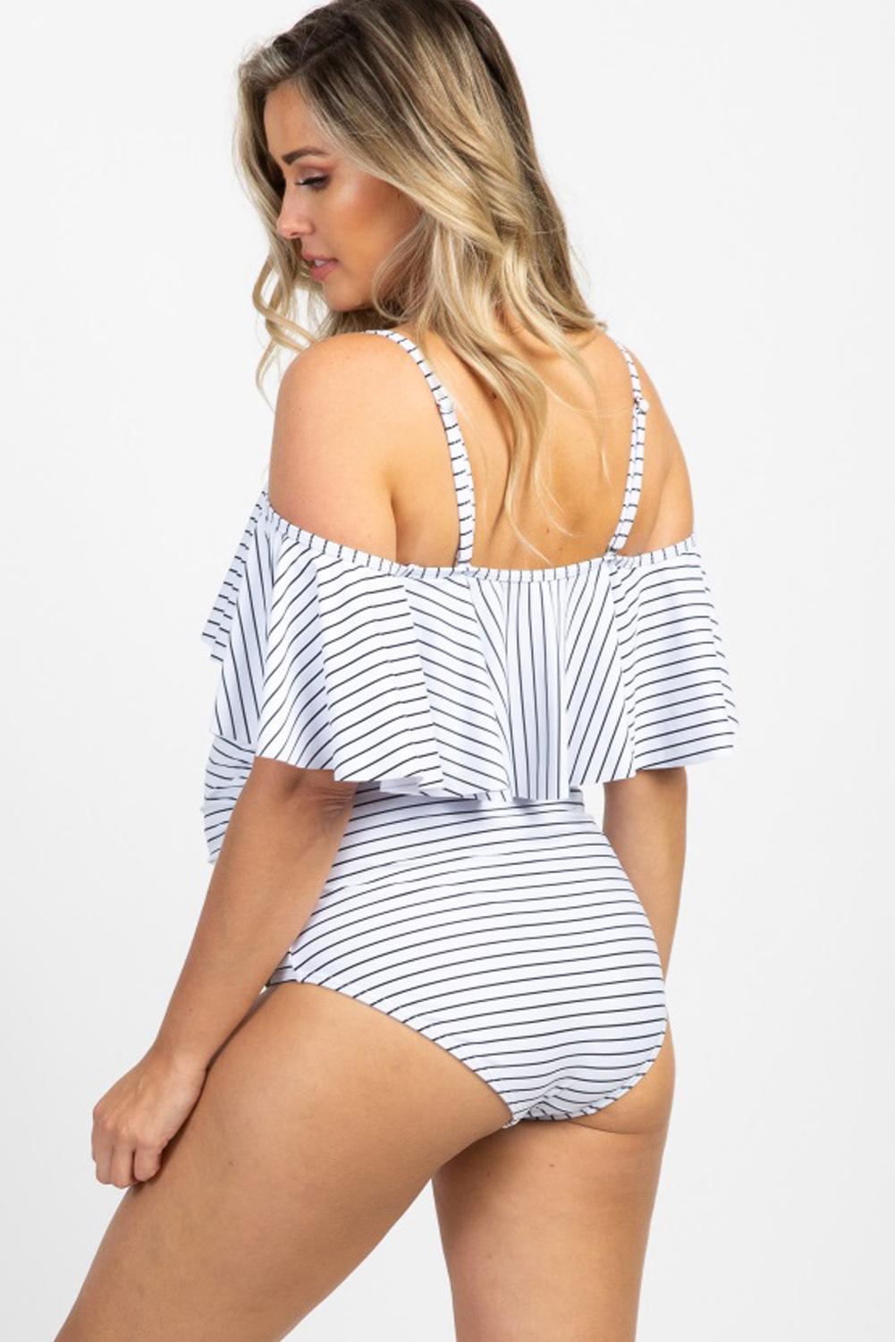 Maternity White Striped Ruffle Trim Ruched One Piece Swimsuit