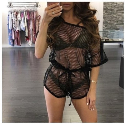 Hollow Mesh Shorts Jumpsuit Cover Up