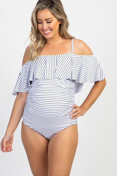 Maternity White Striped Ruffle Trim Ruched One Piece Swimsuit