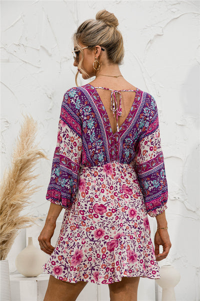 Printed Lantern Sleeve V Neck Dress