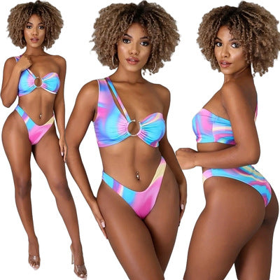 Colorful Pastel One Shoulder High Waisted Two Piece Swimsuit