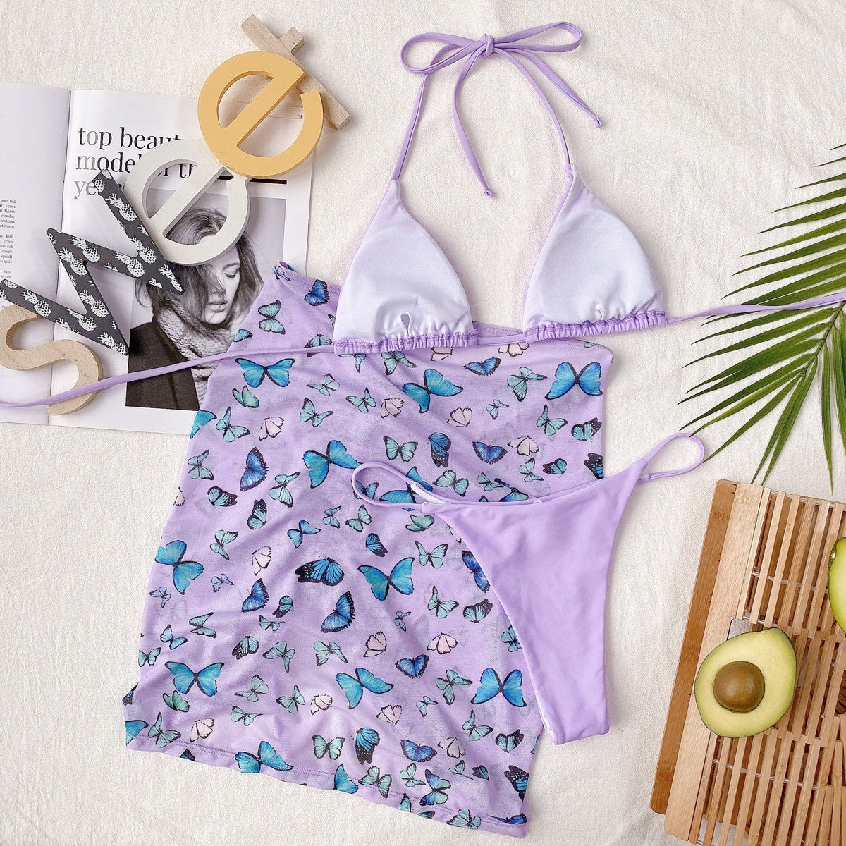 Lavender Butterfly Three Piece Bikini Set