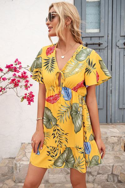 Tropical V-Neck Tie Dress