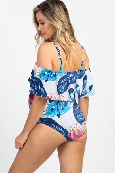 Maternity Sky Blue Floral Ruffle Trim Ruched One Piece Swimsuit