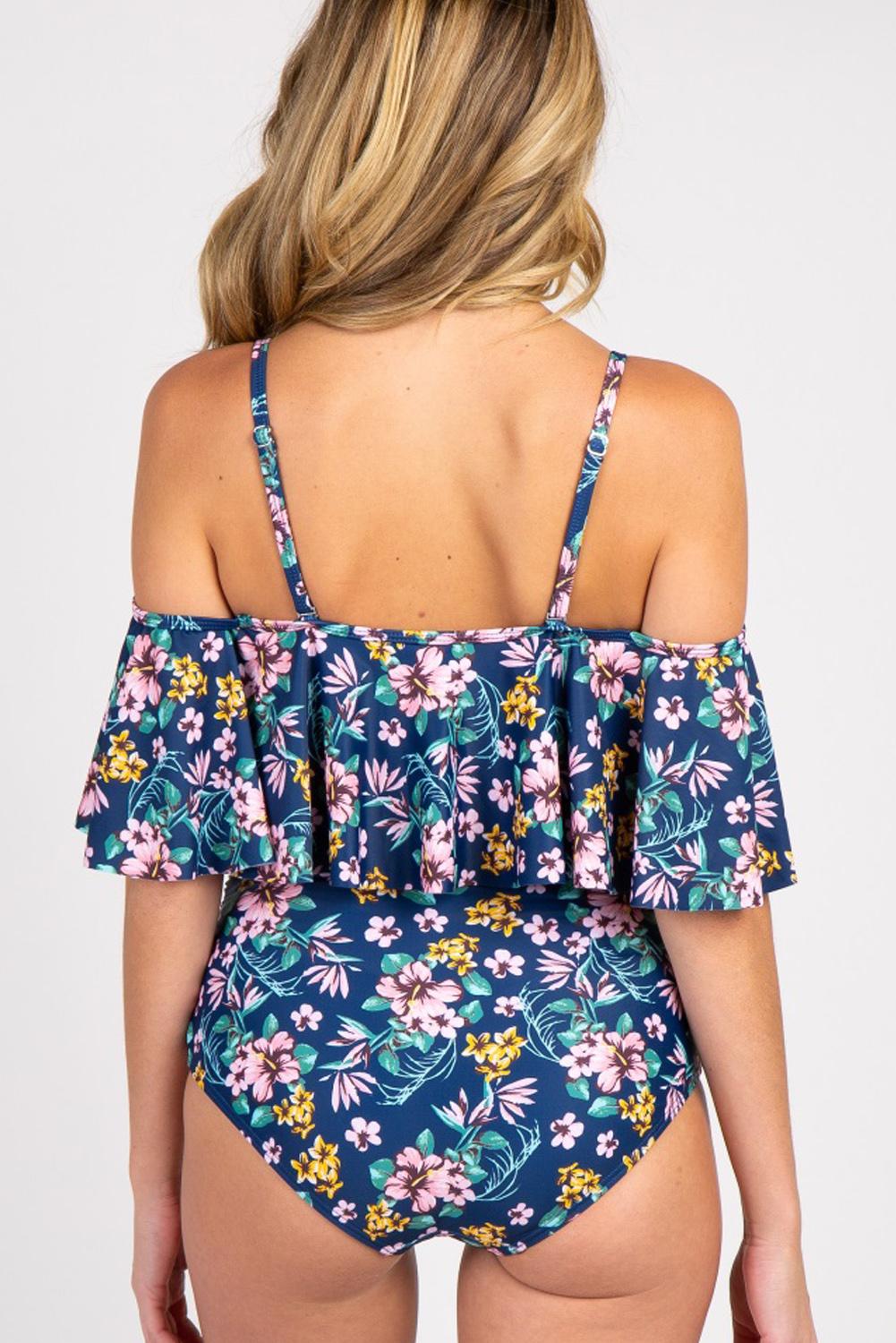 Maternity Blue Floral Ruffle One Piece Swimsuit