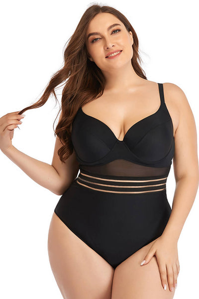 Plus Size Spliced Mesh Tie Back One-Piece Swimsuit