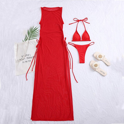 Long Skirt Mesh Three Piece Micro String Bikini Set