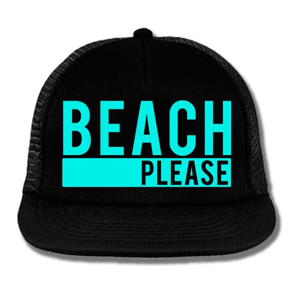 "Beach Please" Black Trucker Hat with Aqua Print