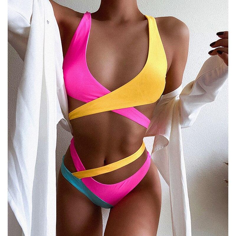 Patchwork Bandage Hollow Out Swimsuit