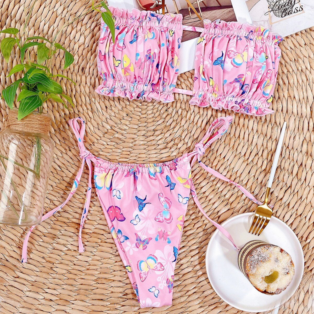 Butterfly Print Strapless Micro Bikini Set