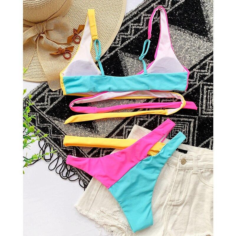 Patchwork Bandage Hollow Out Swimsuit