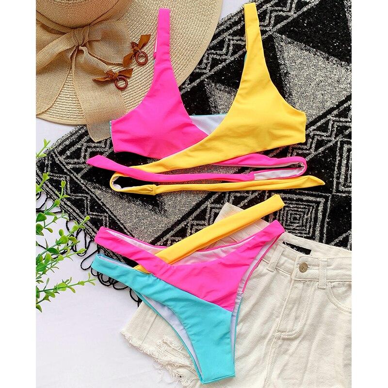 Patchwork Bandage Hollow Out Swimsuit