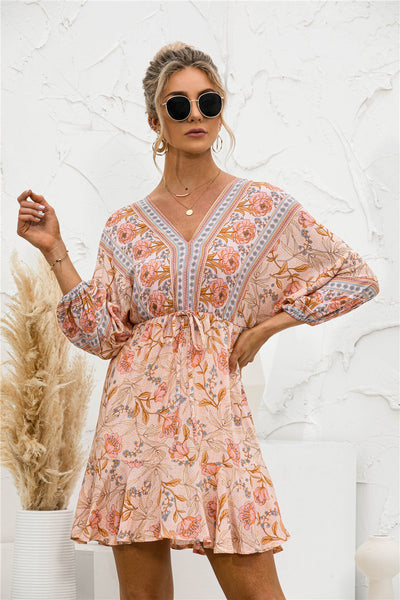 Printed Lantern Sleeve V Neck Dress