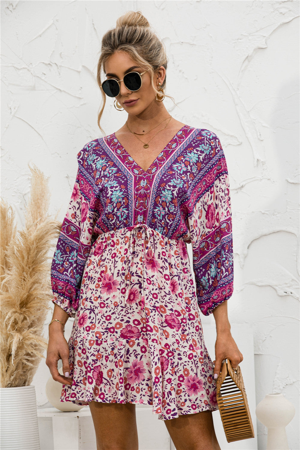 Printed Lantern Sleeve V Neck Dress