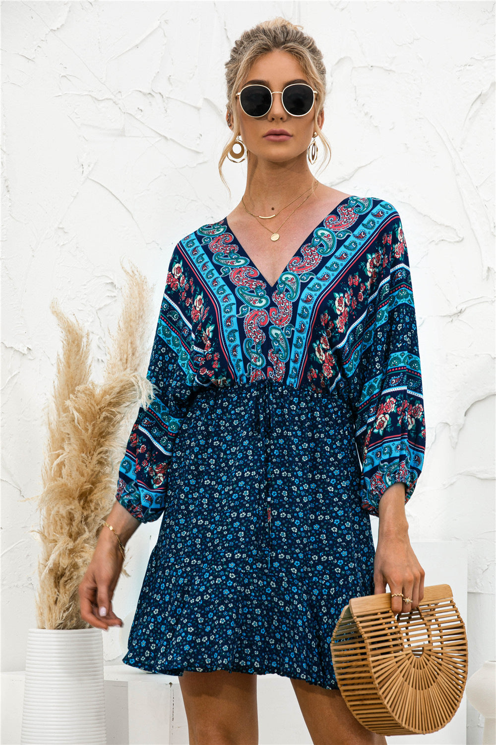 Printed Lantern Sleeve V Neck Dress