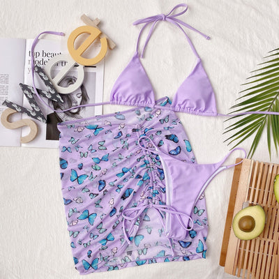 Lavender Butterfly Three Piece Bikini Set