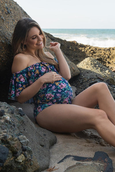 Maternity Blue Floral Ruffle One Piece Swimsuit