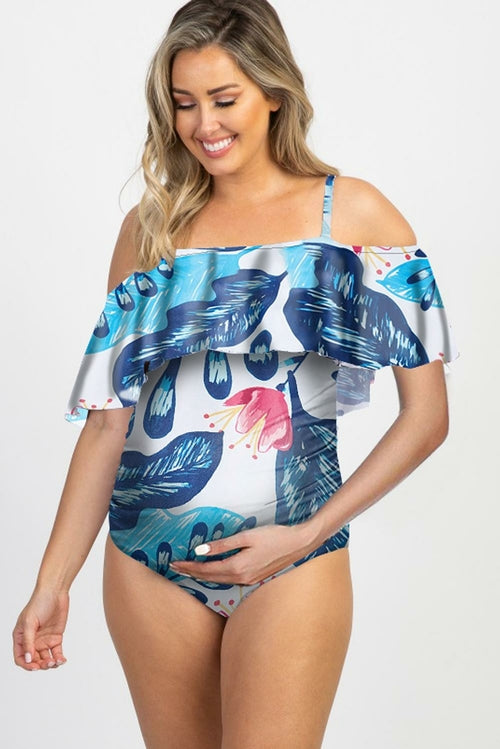 Maternity Sky Blue Floral Ruffle Trim Ruched One Piece Swimsuit