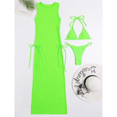 Long Skirt Mesh Three Piece Micro String Bikini Set