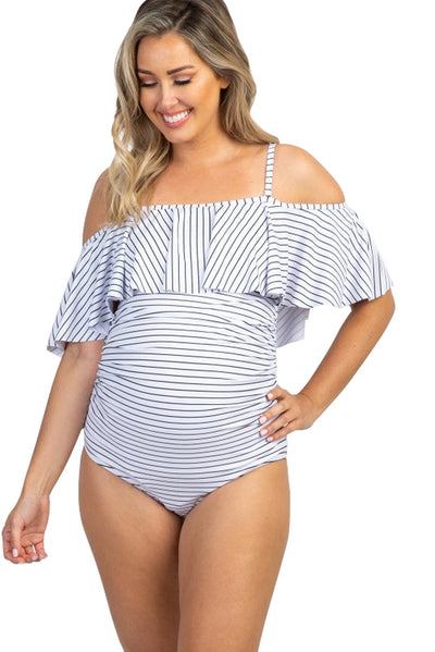 Maternity White Striped Ruffle Trim Ruched One Piece Swimsuit