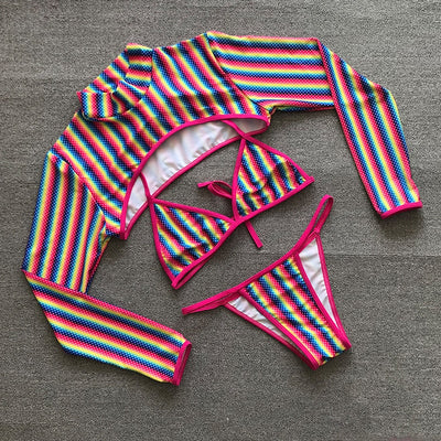 Rainbow Stripe Long Sleeve Three Piece Thong Bikini Set