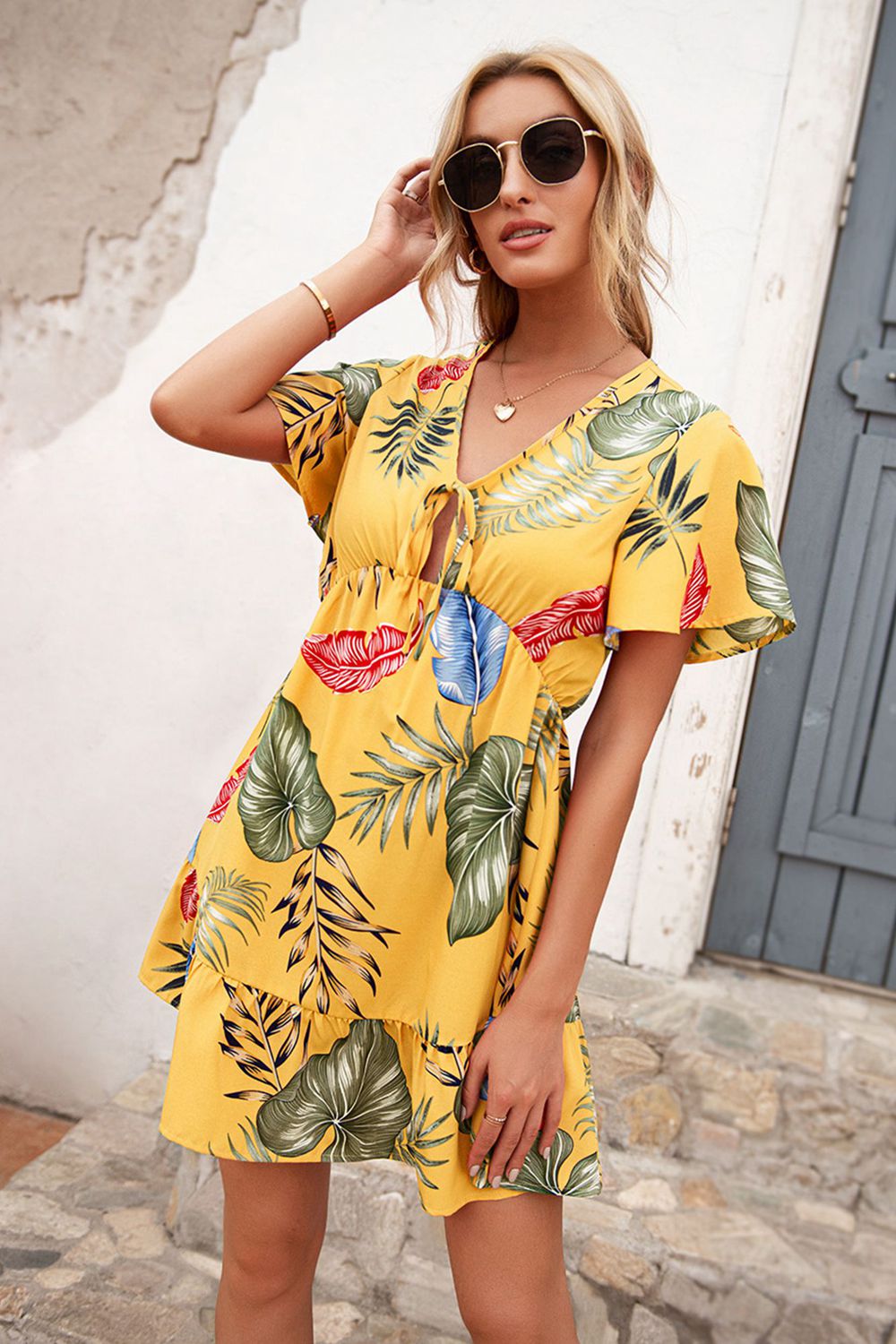 Tropical V-Neck Tie Dress