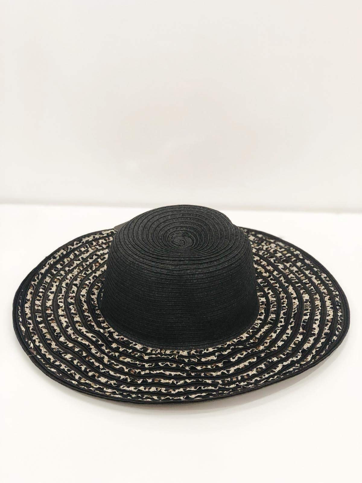 Black Animal Print Ribbon Straw Beach Hat